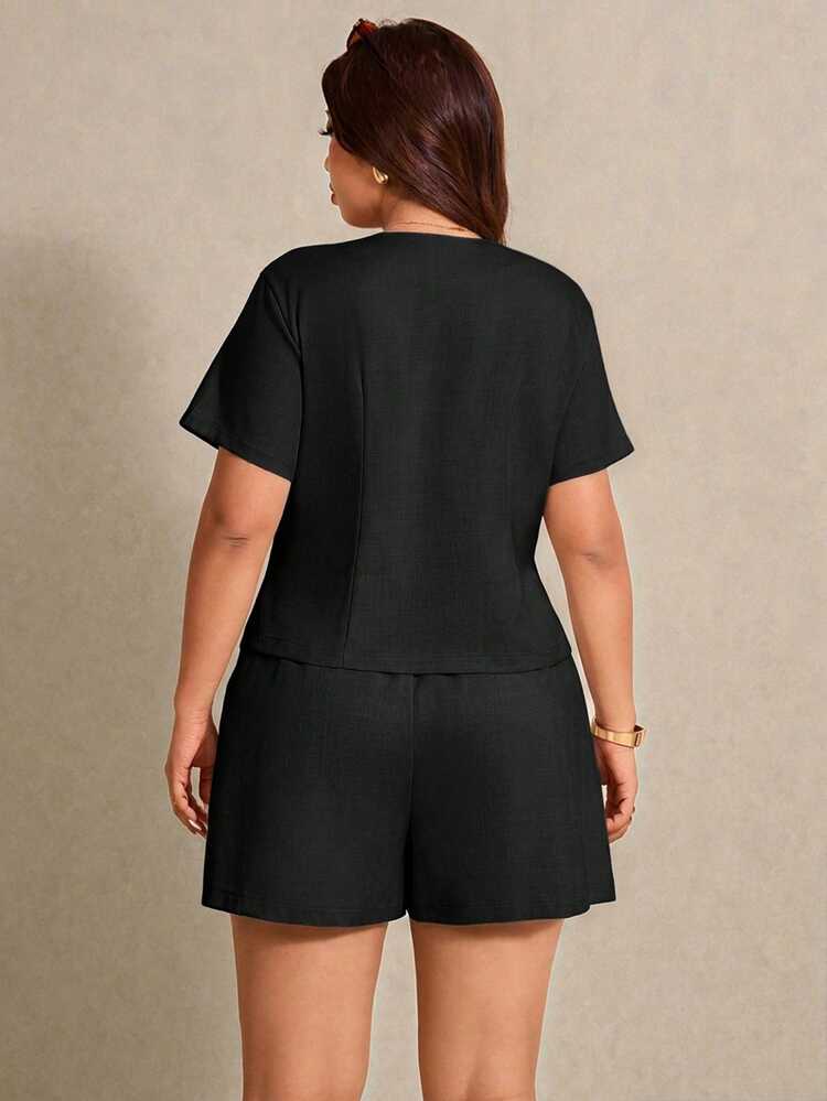 Elaquor Plus Size Elegant Commuter Smart Casual Black Shirt And Shorts 2 Pieces Set, Summer Work - Black - View 2