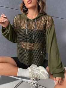 SHEIN EZwear 深綠色夏季健身房運動休閒風落肩抽繩網紗連帽衫，不含內搭背心，寬鬆低腰設計 - 軍綠色 - 查看 4