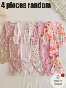 SHEIN 女嬰針織可愛印花長袖上衣與長褲 4 件套，修身款 - 彩色 - 查看 7