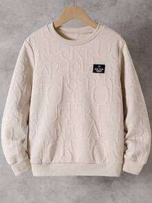 SHEIN Playful Pals Tween Boy Letter Print Round Neck Long Sleeve Loose Casual Sweatshirt - Khaki - View 1
