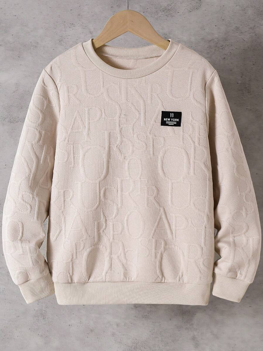 SHEIN Playful Pals Tween Boy Letter Print Round Neck Long Sleeve Loose Casual Sweatshirt - Khaki - View 1