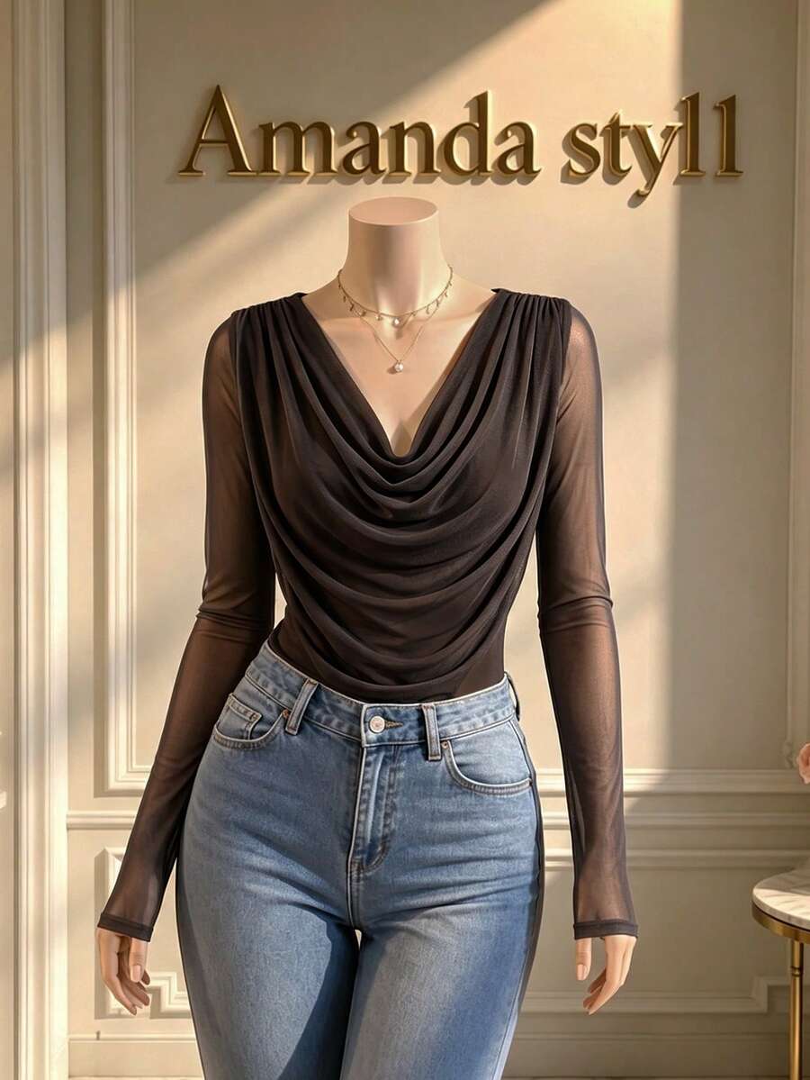 GlowEve Women's Spring Fall Coffee Sheer Mesh Long Sleeve Top, Cowl Neck Draped Flare Sleeve Slim Cropped Ca - Coffee Brown - View 1