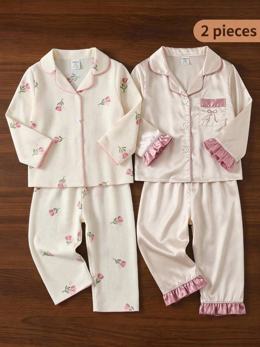 SHEIN 女嬰花卉圖案厚款長袖套頭上衣+鬆緊腰長褲 2件套 夜色米色 秋冬可愛款,1組隨機發貨 - 彩色 - 查看 1