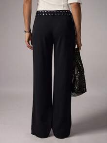Avenya Low Waist Rivet & Ribbon Decor Wide Leg Slimming Drape Suit Pants, Casual Daily Commute Fall/Winter Autumn - Black - View 2