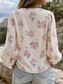Balvessa Top col rond pour femmes en automne, blouse ample tissée à manches bouffantes vintage avec motif floral discret, chemise bohème à manches lanternes rose à motif floral discret, convient pour les trajets quotidiens et les vacances - Nude - Voir 2