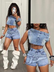 BamGleam Casual Sexy Denim Shorts For Women Everyday Going Out Club Night Light Blue Summer - Blue - View 2