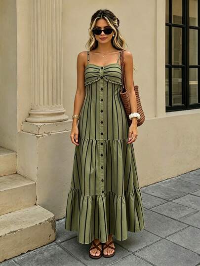 Cévolie Women's Spaghetti Strap Green Striped Print Decorative Buckle Full Skirt Dress Vacation Picnic Summer Casual
