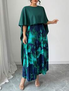 Elenzga Plus Size Green Pleated Design Dress, Suitable For Evening Party, Vacation, Spring/Summer/Autumn Fall - Dark Green - View 4