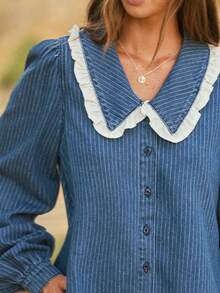 WESTFADE Ruffle Collar Long Sleeve Striped Denim Mini Dress, Fall, Winter, Autumn, Female Country Look, Cowgirl, Rodeo, Church, Festival, Western - Dark Wash - View 2