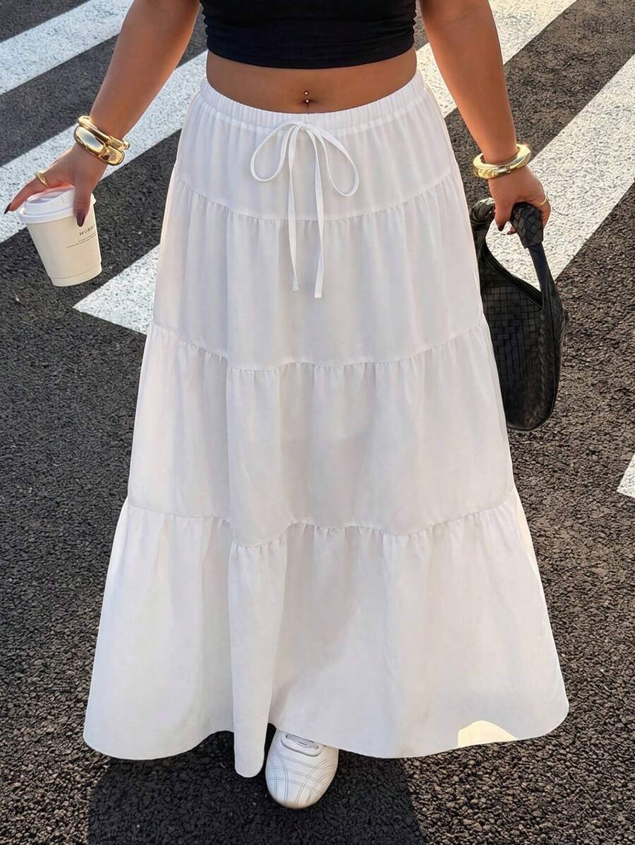 Muchica Plus Size Women's Solid Color Waist Tie Multi-Layer Ruffle Hem Casual Skirt - White - View 1