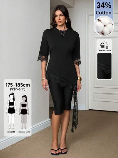 SHEIN Tall Casual mode-topp för kvinnor i pendlarklädsel med svarta spetsdetaljer och asymmetrisk fåll