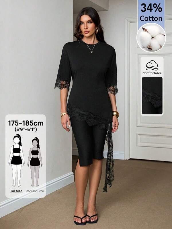 SHEIN Tall Women's Casual Commuter-Style Fashion Top With Black Lace Accents And Asymmetrical Hem