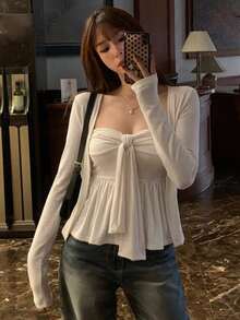 DAZY 2pcs Women Solid Color Casual Twist Camisole And Cardigan Set - Apricot - View 5