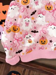 超可愛粉色萬聖節蝴蝶結南瓜、幽靈、蝙蝠圖案 Hey Bootiful! Trick Or Treat! 女嬰休閒款柔軟圓領套頭寬鬆加厚衛衣，適合秋冬日常、萬聖節、甜美女孩風、南瓜季 BOO! - 彩色 - 查看 5