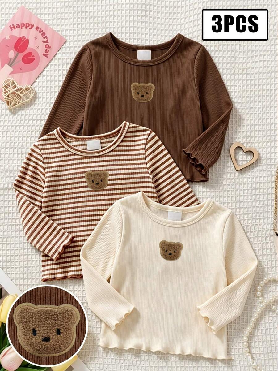 Kaos Anak Perempuan Korea Berkerut dan Bergaris, Atasan Lucu, Musim Gugur, Gaya Musim Gugur Terbaru, Gaya Musim Gugur, Set 3pcs/Set Little Bear Buatan Tangan - MultiWarna - View 1