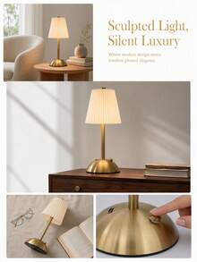 Modern Pleated Fabric Shade Table Lamp, Brass Gold Metal Base Bedside Desk Lamp, Minimalist Decor Night Light For Bedroom Living Room Home Decor - multicolor - View 3