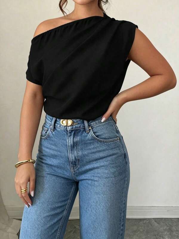 Elenzga Schwarze Lässig Bluse in Große Größen mit plissiertem Design und Kurzarm, geeignet für Frühling, Sommer und Herbst