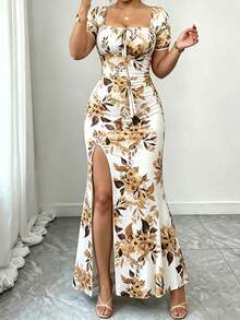 GlowEve CURVE Elegant Square Neck Short Sleeve Floral Print White Background Plus Size Dress, Suitable For Spring, Summer And Autumn - White - View 5