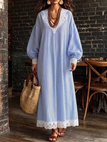 Vavine Vestido Longo Feminino de Manga Longa com Decote em V, Listrado Azul & Branco e Renda