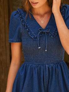 WESTFADE Bubble Hem Short Sleeve Denim Jumpsuits, Summer, Fall, Autumn, Western, Country, Cowgirl, Winter, Rodeo, Back To School, Festival, Casual Dresses - Light Wash - View 3