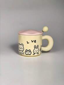 Cute Cartoon Ceramic Mug With Lid And Spoon, Couple Breakfast Milk Cup, Good-Looking Water Cup Gift For Girls - Multicolor - View 14