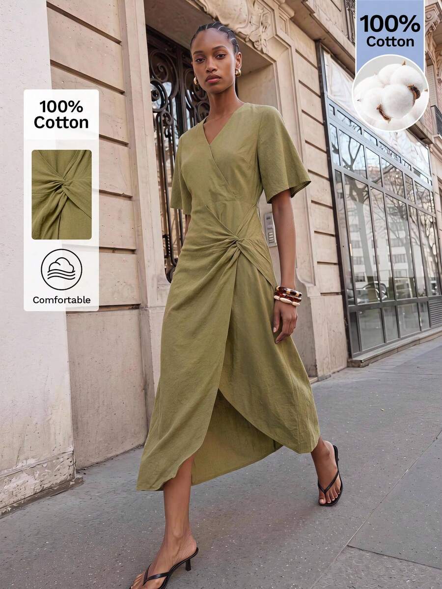 Maija Olive Green V-Neck Fitted Waist Slim Fit Long Dress Twisted Asymmetric Hem Summer Urban French Casual Elegant Women Festival Beach Vacation Brunch
