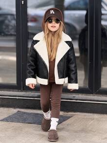 Emery Rose Kids Emery Rose Kids 女童拼色時尚拉鍊翻領PU材質秋冬夾克外套 - 黑色 - 查看 4