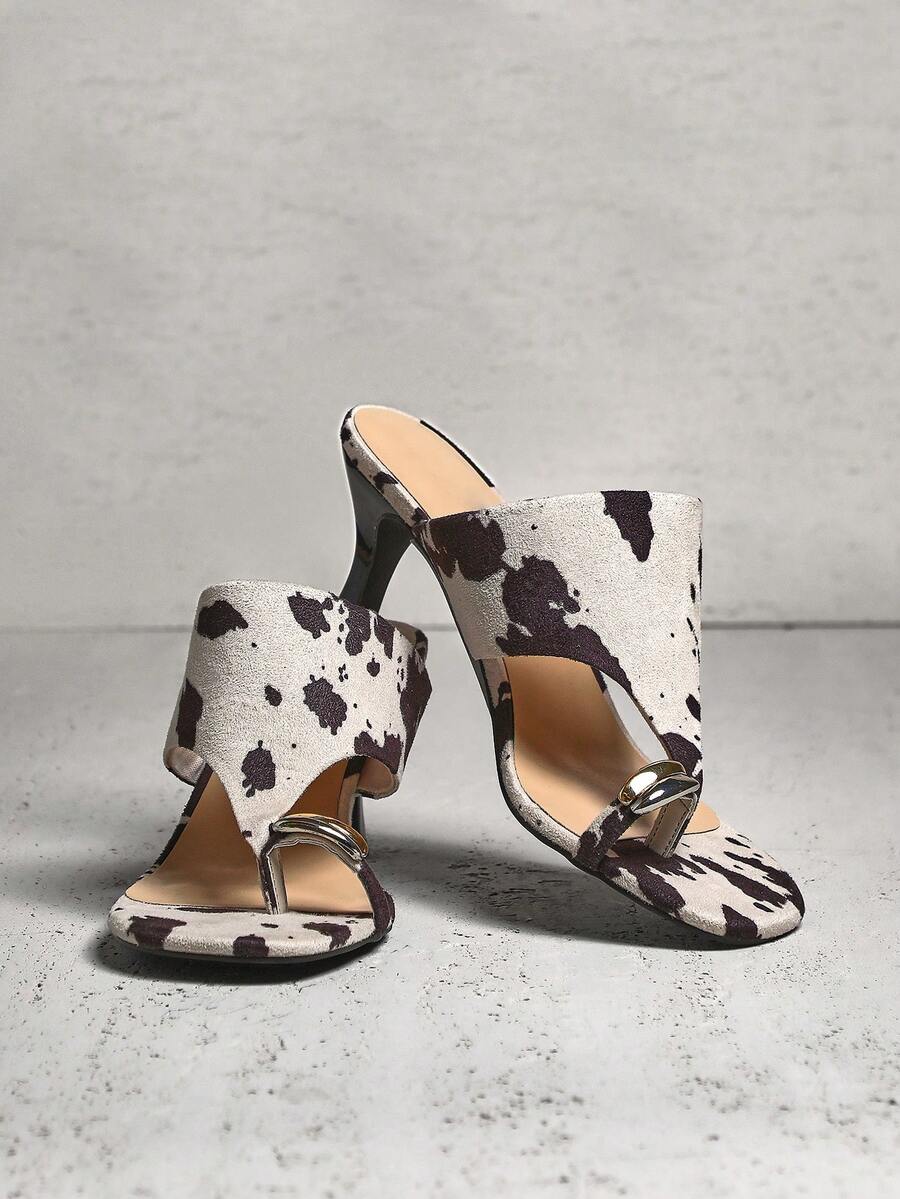 SHUZIA Women's Cow Print Toe Ring Thick Band Thong Heeled Sandals Summer Shoes - Multicolor - View 1