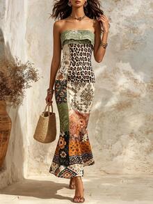 Trelyra Gaun Liburan Wanita Model Bandeau dengan Motif Bunga, Modis dan Elegan - MultiWarna - View 5