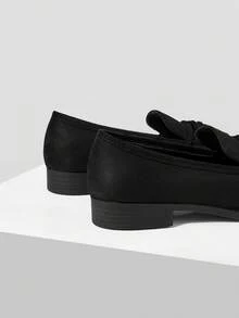 Mnmlis Autumn And Winter Commuting Fringed Loafers Round Toe Low Heel Retro Fall Shoes - Fleece black - View 3