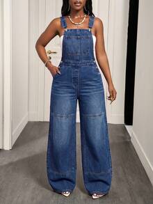 Jeanoix Petite Overall Denim Kasual Kancing Wanita Gaya Streetwear Sehari-hari untuk Acara Malam Hari, Liburan, Warna Biru Musim Panas - Dark Wash - View 3