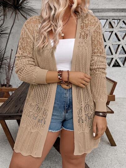 SHEIN LUNE CURVE Plus Size Women's Casual Versatile Hollow Knit Cover Up Long Sleeve Lace Crochet Cover-Up, Beach Seaside Khaki Knit Sweater, Summer Bohemian Style Vacation Casual, Daily Multi-Occasion Outfit