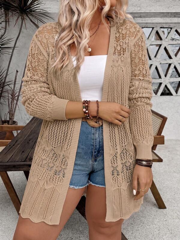 SHEIN LUNE CURVE Plus Size Women's Casual Versatile Hollow Knit Cover Up Long Sleeve Lace Crochet Cover-Up, Beach Seaside Khaki Knit Sweater, Summer Bohemian Style Vacation Casual, Daily Multi-Occasion Outfit