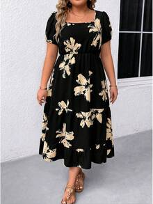 EMERY ROSE Vestido maxi de mujer de talla grande con cuello cuadrado, manga corta, estampado y volante en el bajo - Negro - Ver 1