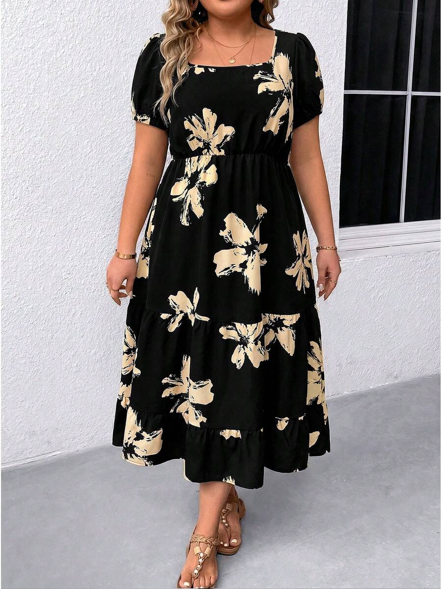 EMERY ROSE Vestido maxi de mujer de talla grande con cuello cuadrado, manga corta, estampado y volante en el bajo - Negro - Ver 1