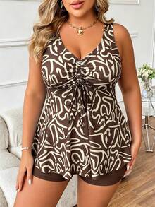 Swim Lushoire Plus Size Full Print V-Neck Swimdress With Solid Color Shorts Swimsuit Set Vacation Beige Summer - Coffee Brown - View 4