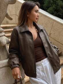 DAZY Women's Casual PU Leather Collar Long Sleeve Regular Jacket Y2k - Coffee Brown - View 3