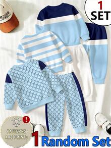 SHEIN 1 Random Set,,Blue Color Block Graphic Print Crew Neck Long Sleeve Sweatshirt With Logo Print Long Sweatpants - Multicolor - View 2