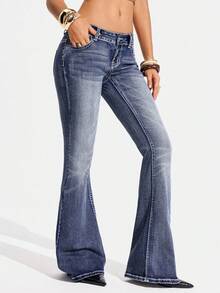Jeanoix Quần jeans ống loe thời trang Y2K dành cho nữ cỡ lớn, đa năng. - Rửa tối - Xem 6