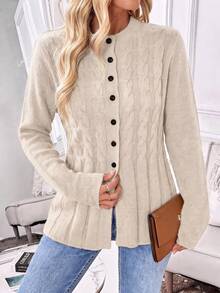 EMERY ROSE Áo cardigan nữ tay dài vặn thừng cài nút trước đa năng - Màu be - Xem 7