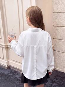 SHEIN Serisse Kids Tween 女童休闲时尚百搭纯色梭织翻领前开后开衩宽松落肩长袖白色衬衫，返校日穿 - 白色 - 查看 9