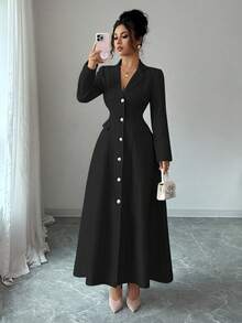 Elenzga 新款女士翻领长袖假口袋开襟A字长连衣裙，休闲度假日常百搭年轻优雅 - 黑色 - 查看 6