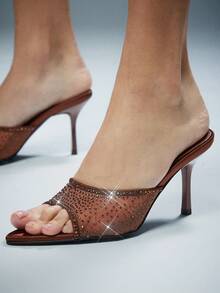 SHUZIA Women Elegant Pointy Toe Rhinestone Decor Mesh Slip-On Heel Sandals - Coffee Brown - View 4