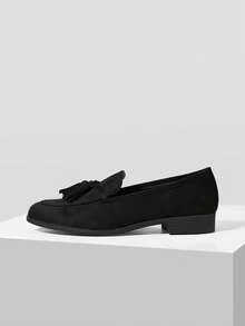Mnmlis Autumn And Winter Commuting Fringed Loafers Round Toe Low Heel Retro Fall Shoes - Fleece black - View 5