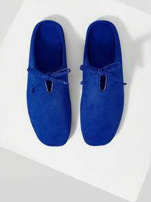 Mnmlis Sapphire Suede Closed Toe Female, Front Strap V-Cut Square Toe Flat Bottom, Eye-Catching Dating Atmosphere(Recommend Ordering One Size Smaller) Fall Shoes - Royal Blue - View 2