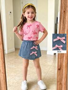 SHEIN Playful Pals 返校季女童休閒可愛圓領標準肩彩色波點彩虹印花T恤與素色牛仔裙褲套裝，夏季 - 粉色 - 查看 4