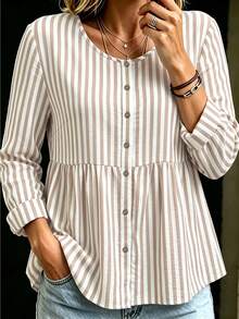Linhara CURVE Kemeja Kasual Longgar Bergaris Kancing Tunggal Ukuran Besar untuk Wanita, Cocok untuk Musim Gugur. - Khaki - View 1