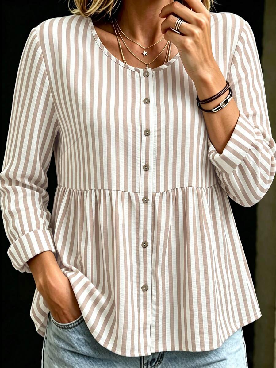 Linhara CURVE Kemeja Kasual Longgar Bergaris Kancing Tunggal Ukuran Besar untuk Wanita, Cocok untuk Musim Gugur. - Khaki - View 1