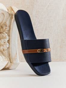 SHUZIA Women's Elegant Gold Lock Decor Square Toe Slip-On Flat Sandals Summer Shoes - Navy Blue - View 6