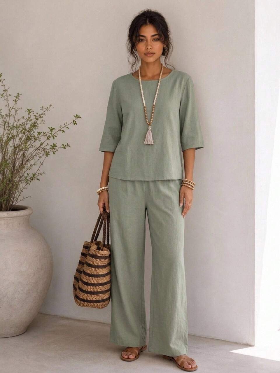 2pcs Set Women Solid Color Elegant Round Neck Mid-Sleeve Top And Wide Leg Pants